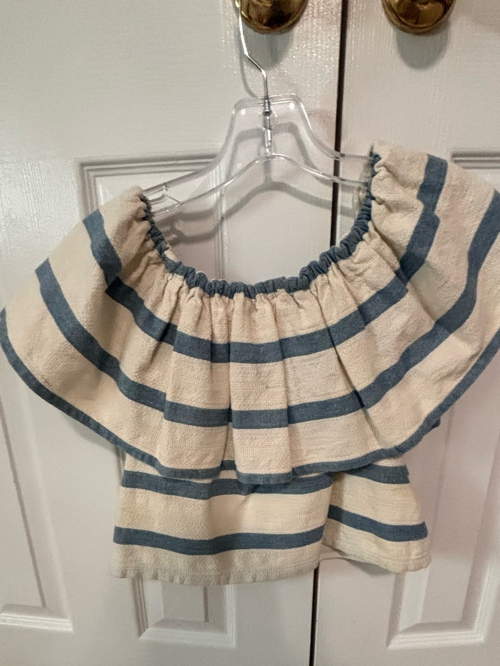 Mara Hoffman Cream & Blue Striped Off-Shoulder Ruffle Top size xs
